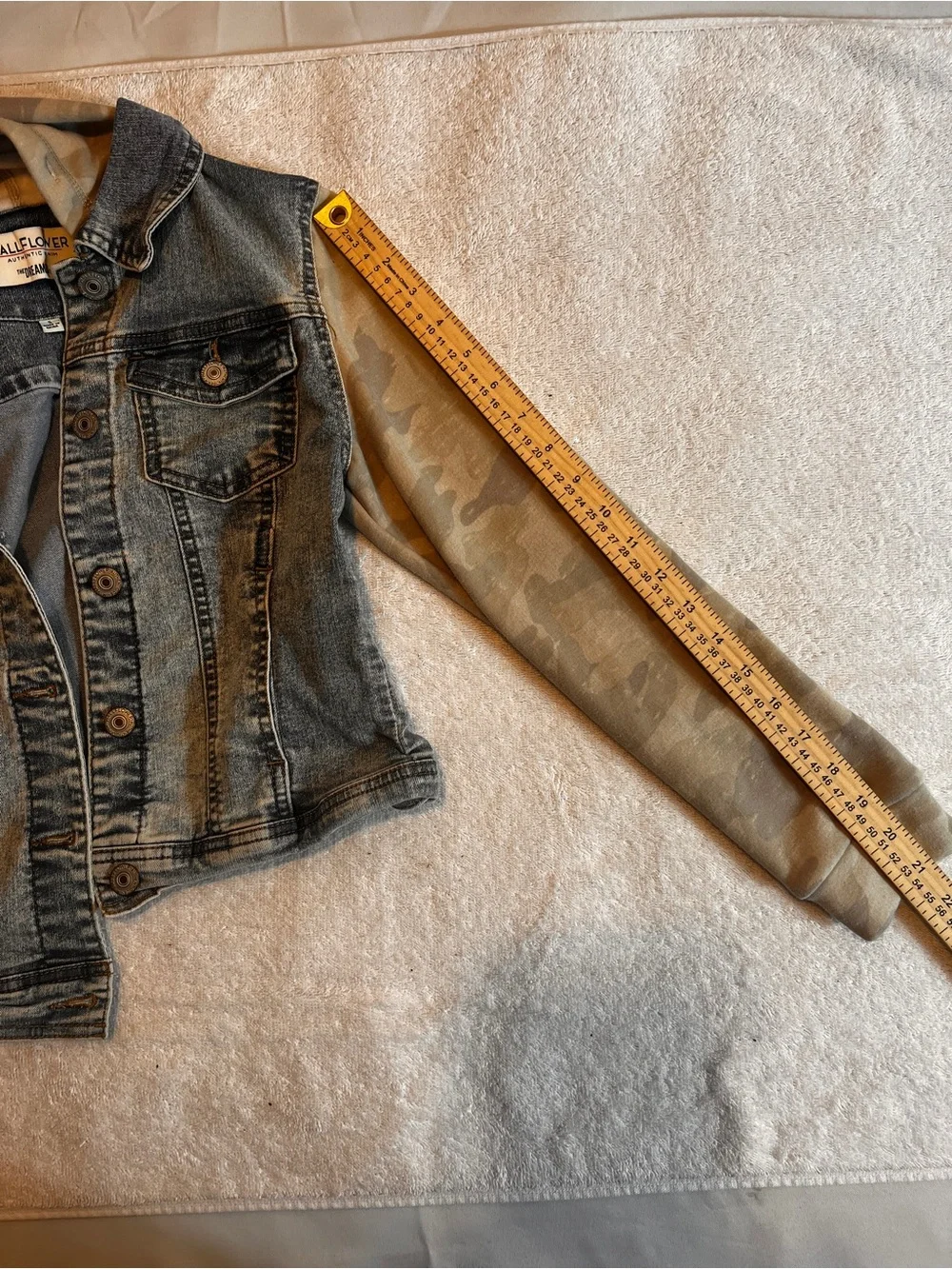 Wallflower Girls' Denim Jacket with Tan Camo Hood & Sleeves SIZE SMALL